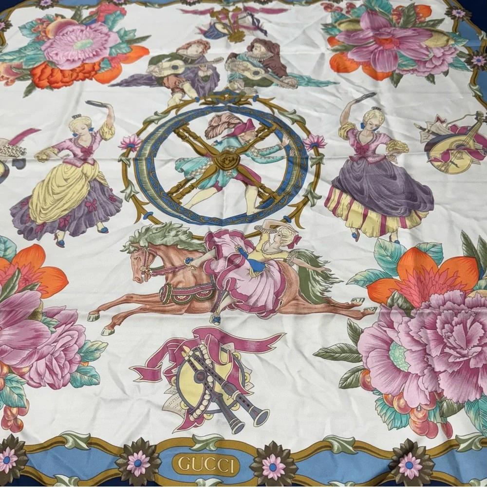 Gucci Navy Cream Silk Scarf with Floral Baroque Design